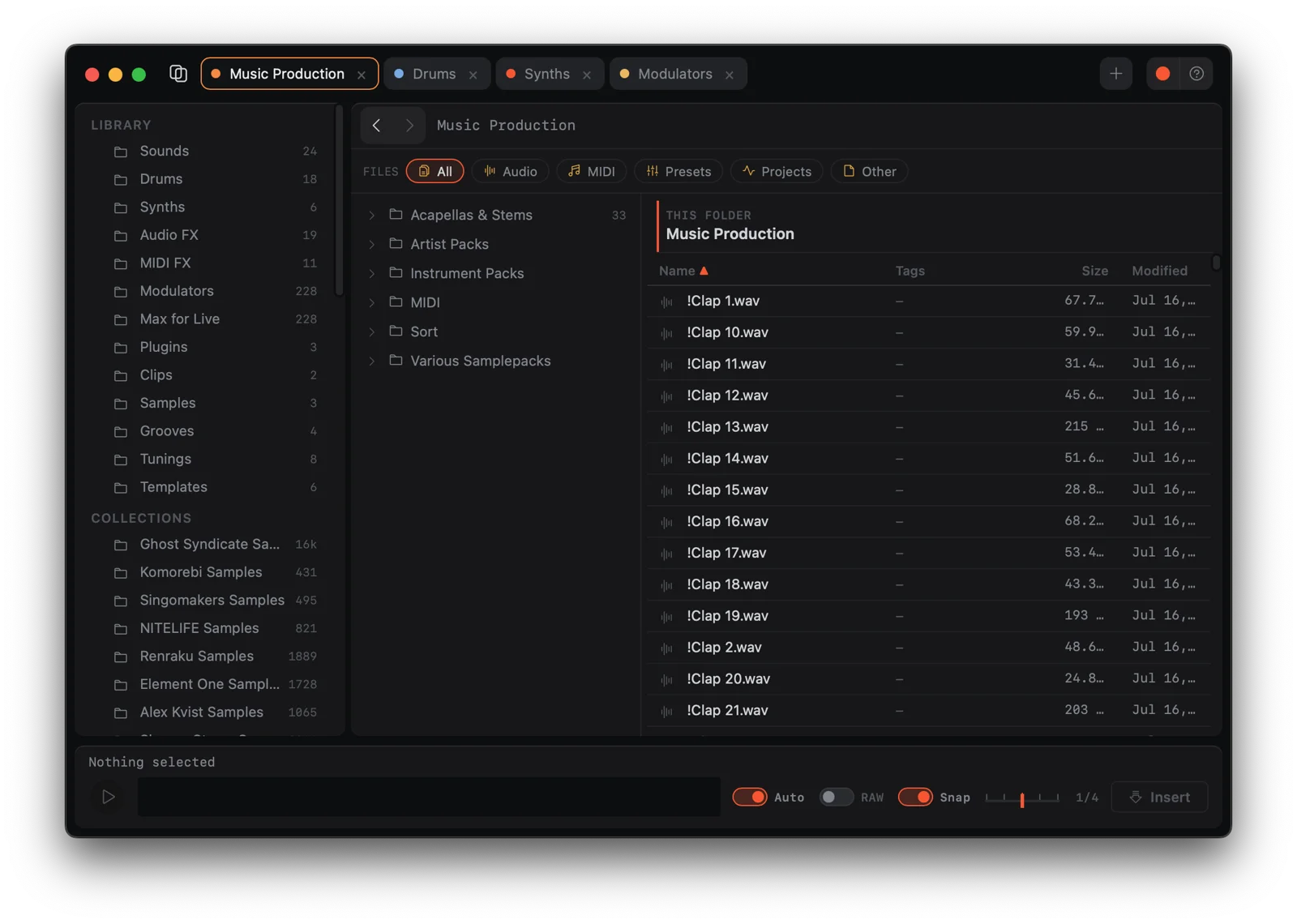HM 01 Browser in action — pinned workspaces, tagged file list, instant preview and Insert at playhead